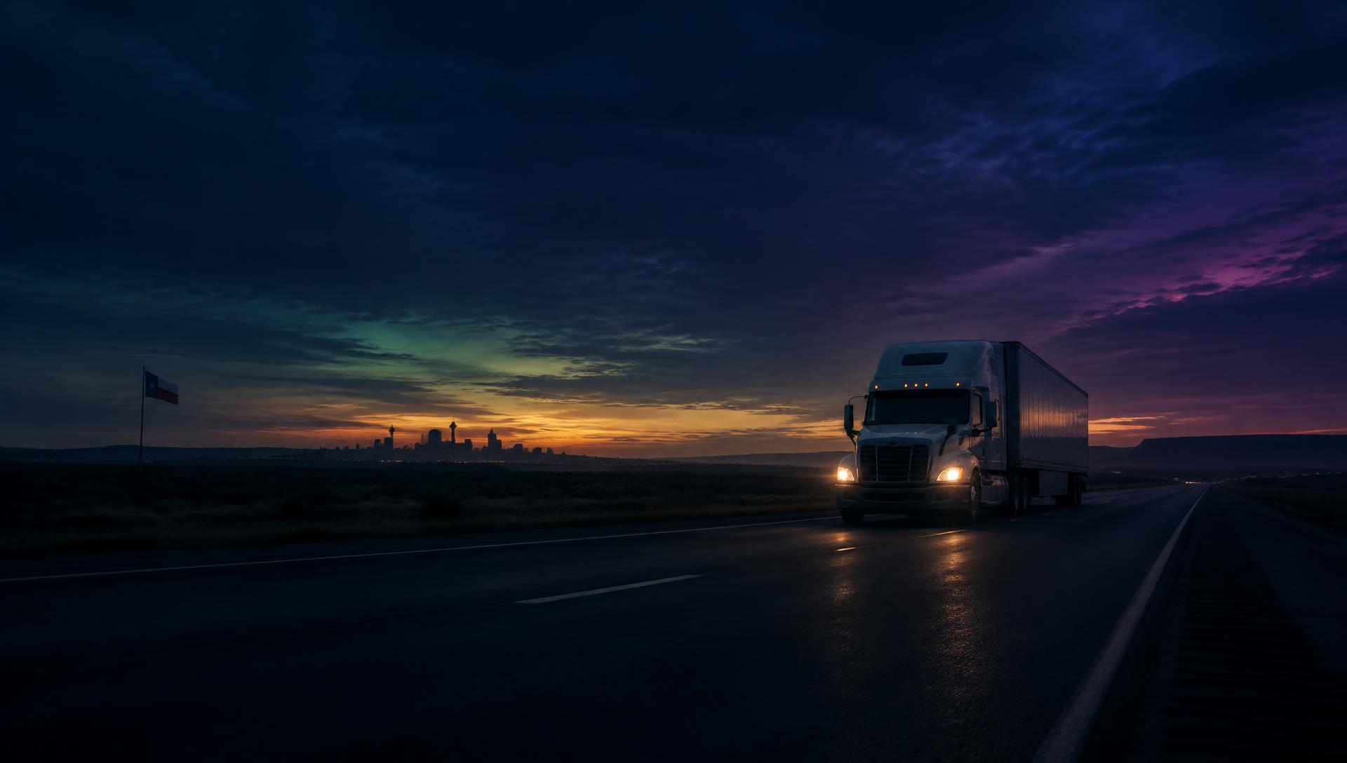 Semi truck on a Texas highway at dusk