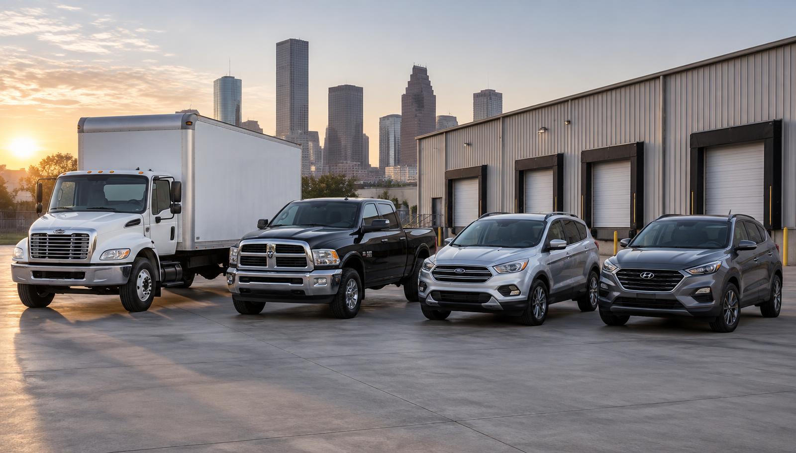 Gooden's fleet: box truck, Dodge Ram pickup, Ford Escape and Hyundai Tucson
