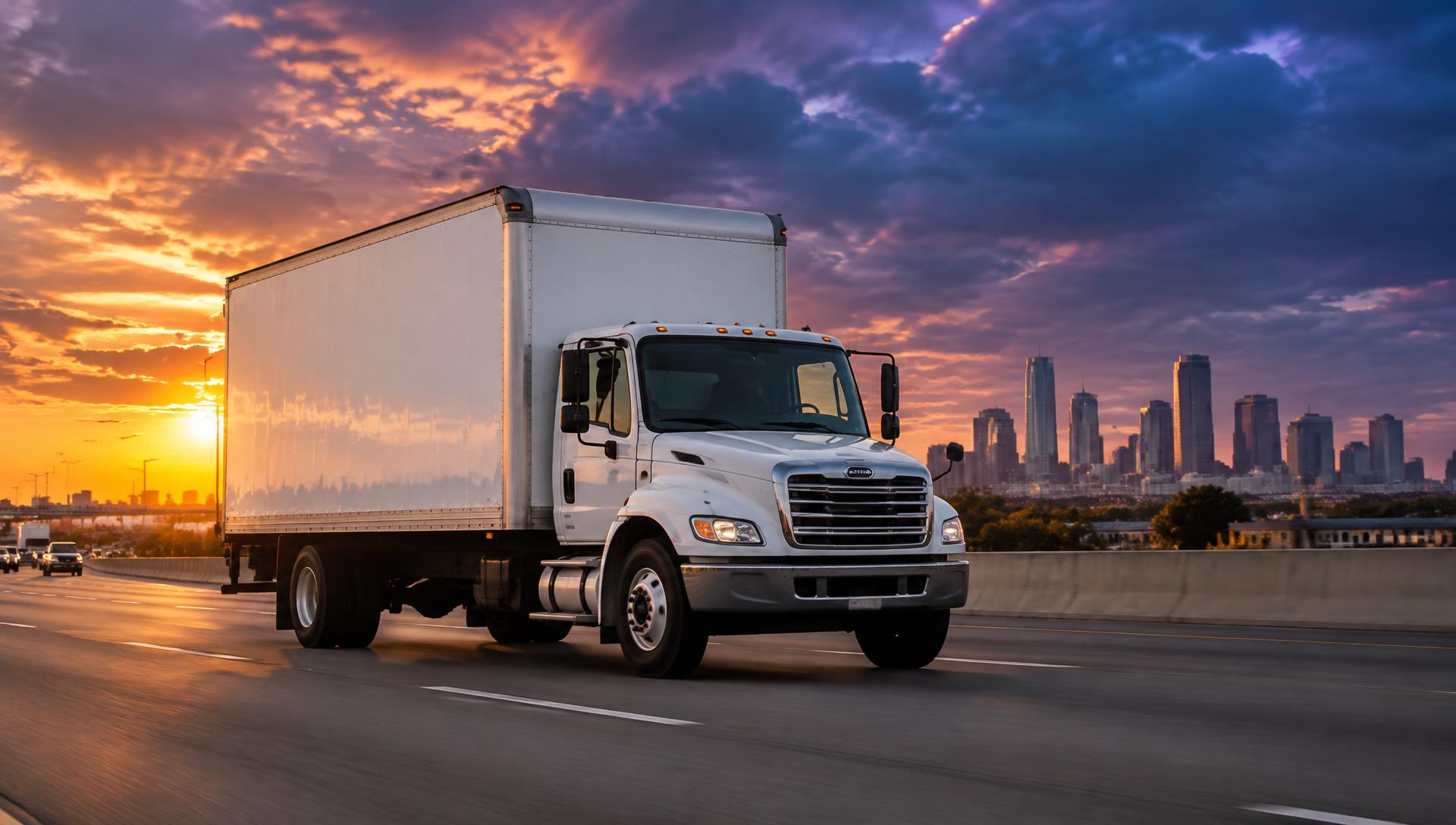 White box truck on a Houston highway at sunset