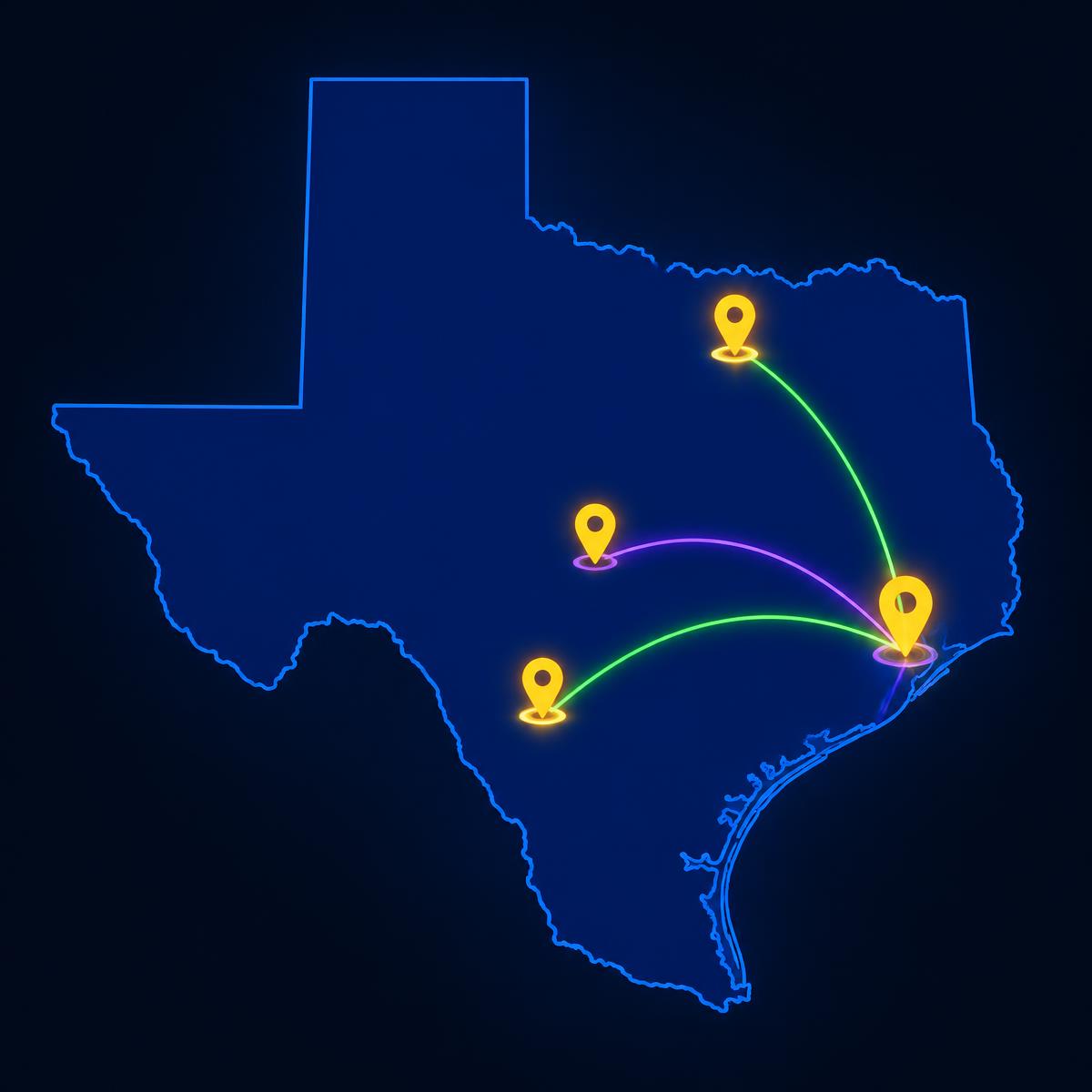 Map of Texas showing delivery routes from Houston